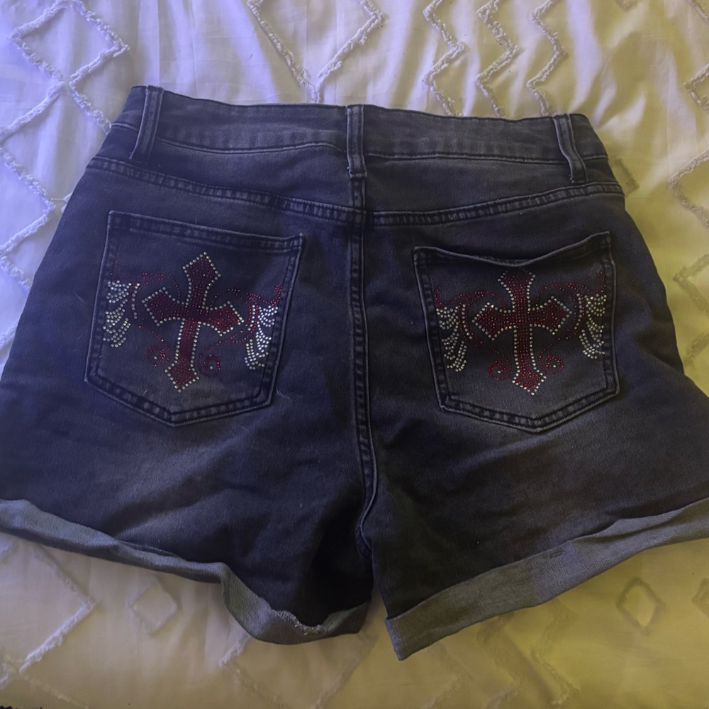 SHEIN Dark Blue Jean Shorts with Embellished Pockets